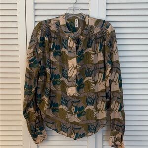 Mirth Olive & Teal Print Smocked Yoke Blouse